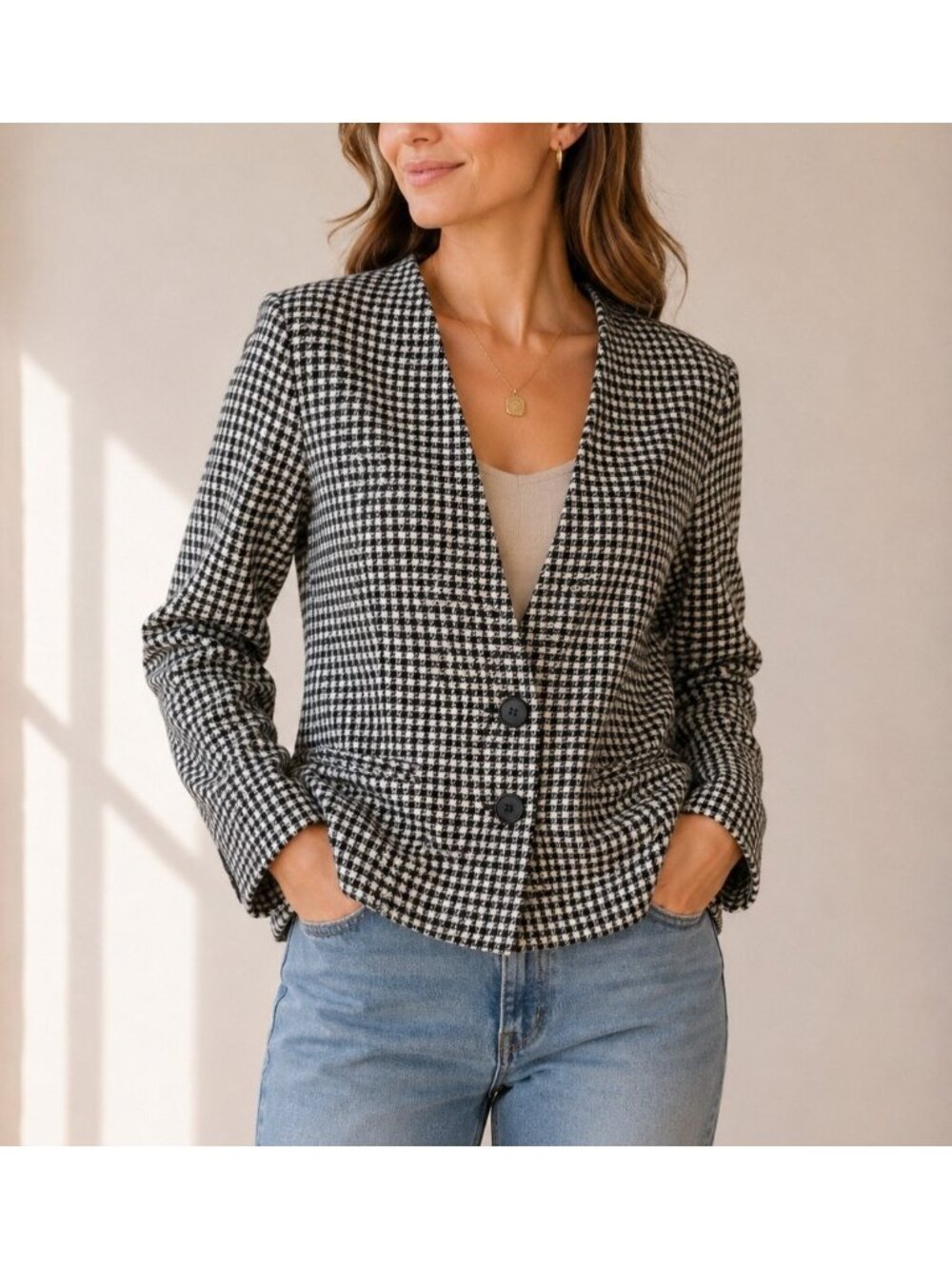 Chic John Meyer Vintage Houndstooth Blazer Black White Preppy Career Jacket